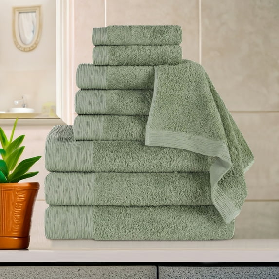 BNM Rayon from Bamboo Cotton Blend 9 Piece Bathroom Towel Set, Green