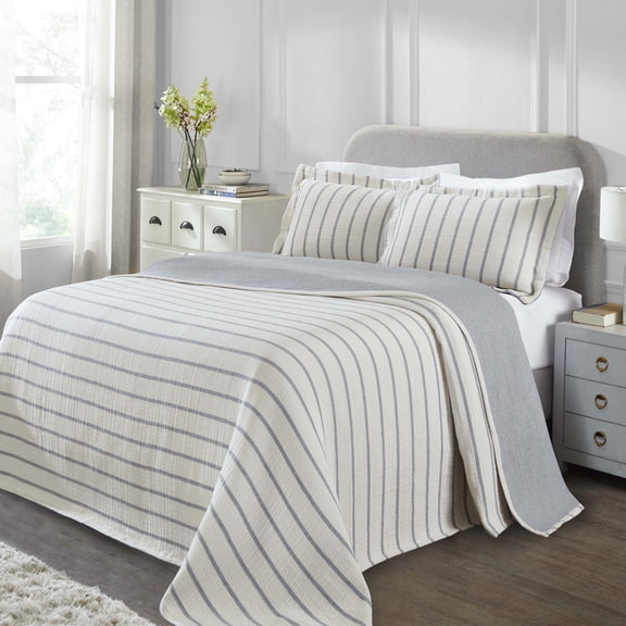 BNM Reversible Cotton Matelasse Bedspread Set, Full, Blue