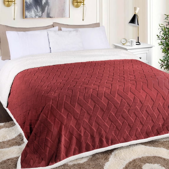 BNM Fleece Sherpa Reversible Lattice Blanket, King, Poppy Red