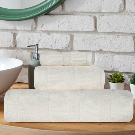 BNM Ribbed Cotton 3 Piece Assorted Towel Set, Ivory