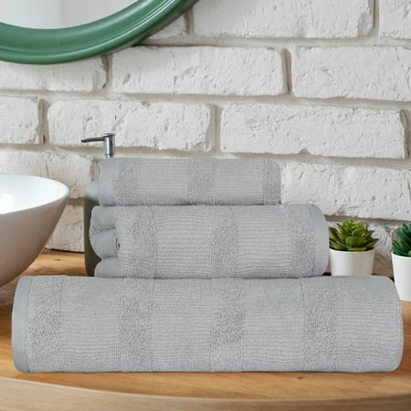 BNM Ribbed Cotton 3 Piece Assorted Towel Set, Silver