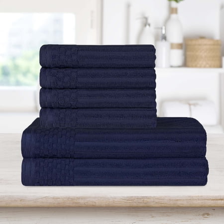 BNM Ribbed Heavy Cotton Hand Towel/ Bath Towel Set, Navy Blue