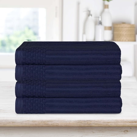 BNM Ribbed Heavyweight Cotton Bath Towel Set of 4, Navy Blue