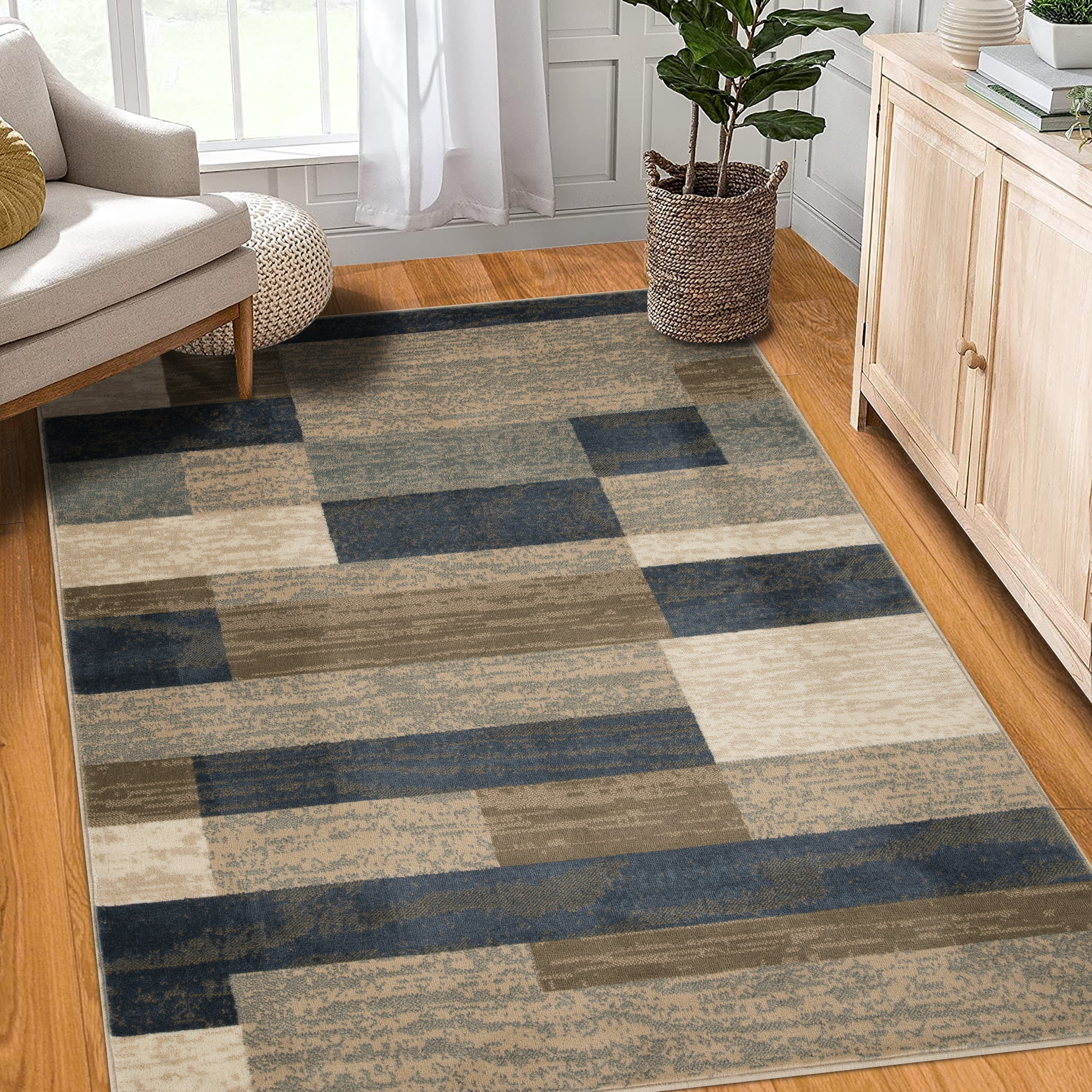 BNM Rockwood 5' x 8' Midnight Navy, Modern Geometric Distressed Soft ...