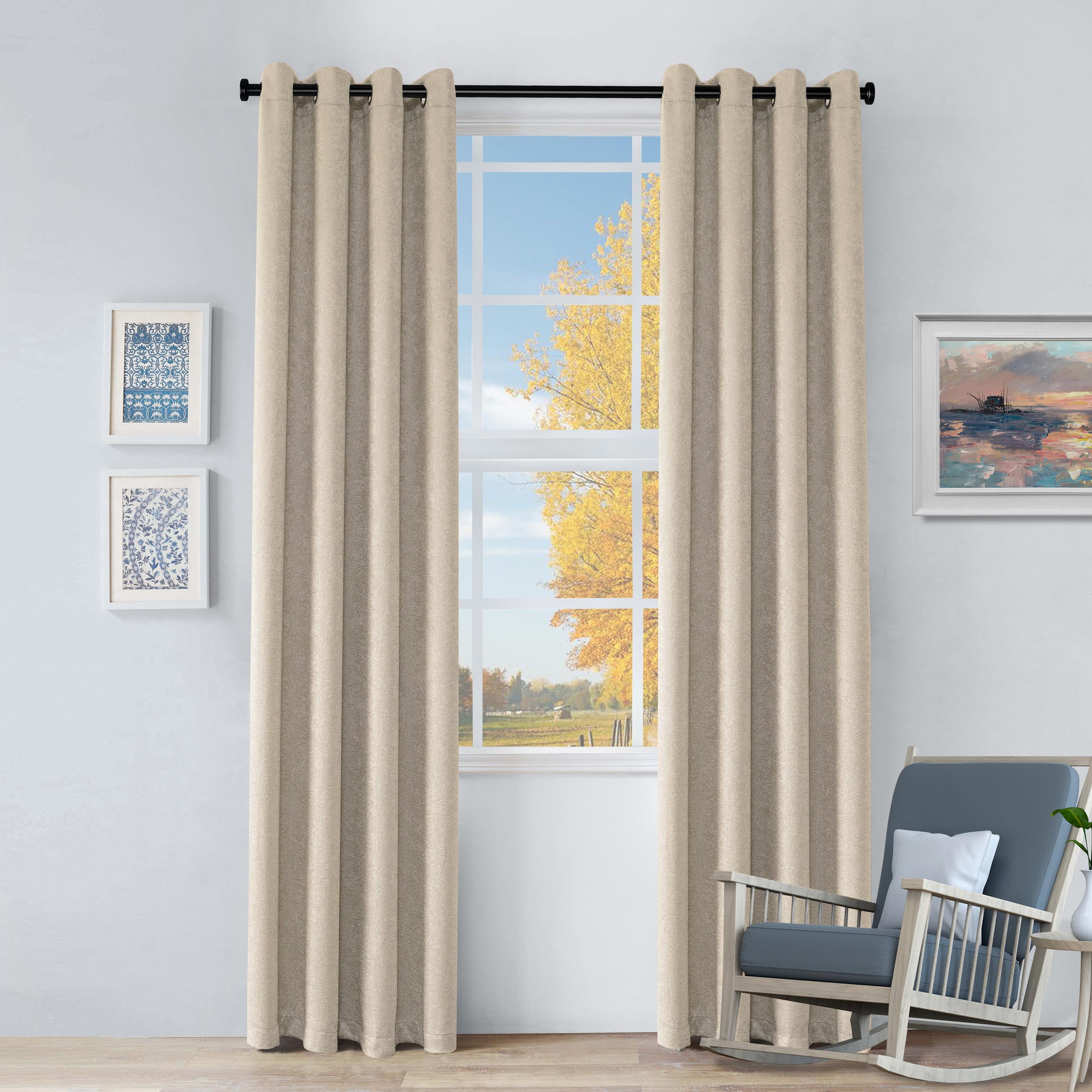 BNM Rustic Textured Blackout Curtains, Set of 2, 52" x 96", Beige
