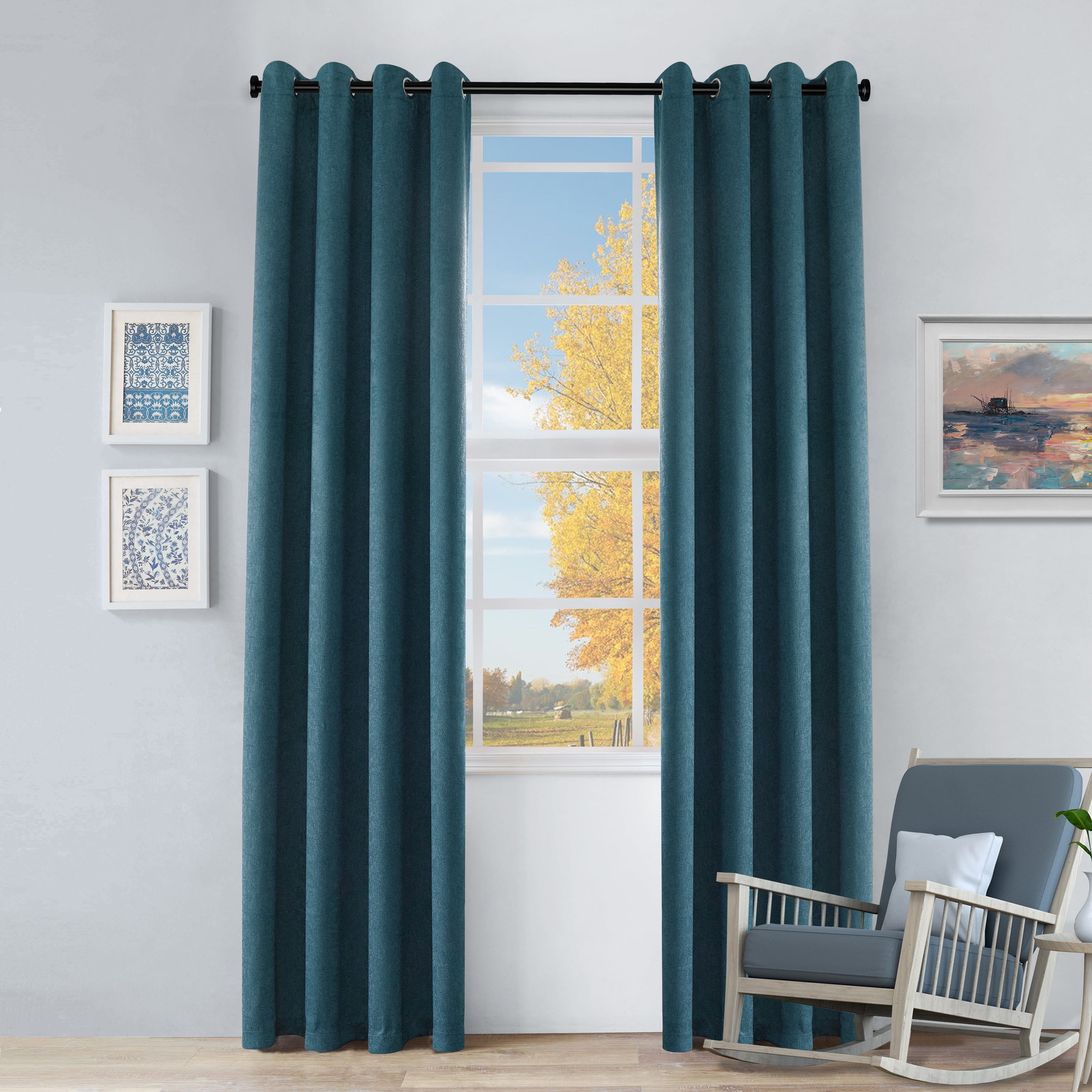 BNM Rustic Textured Blackout Curtains, Set of 2, 52" x 96", Deep Sea