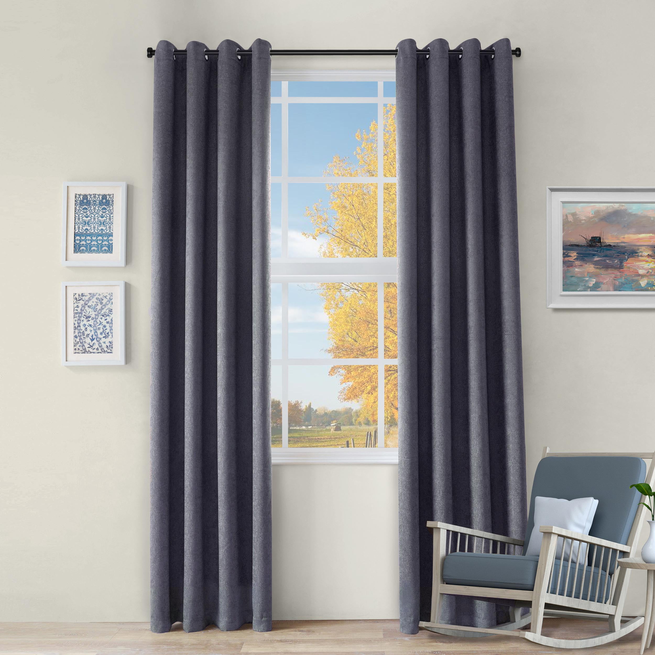BNM Rustic Textured Blackout Curtains, Set of 2, 52" x 96", Midnight Blue