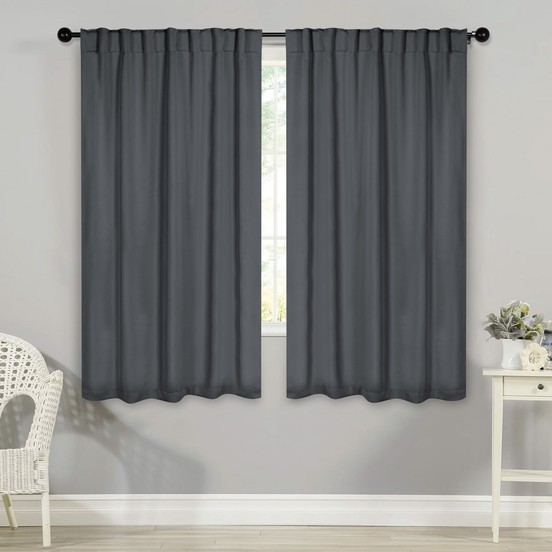 BNM Solid Blackout Back Tab Curtains, Set of 2, 52" x 63", Gray