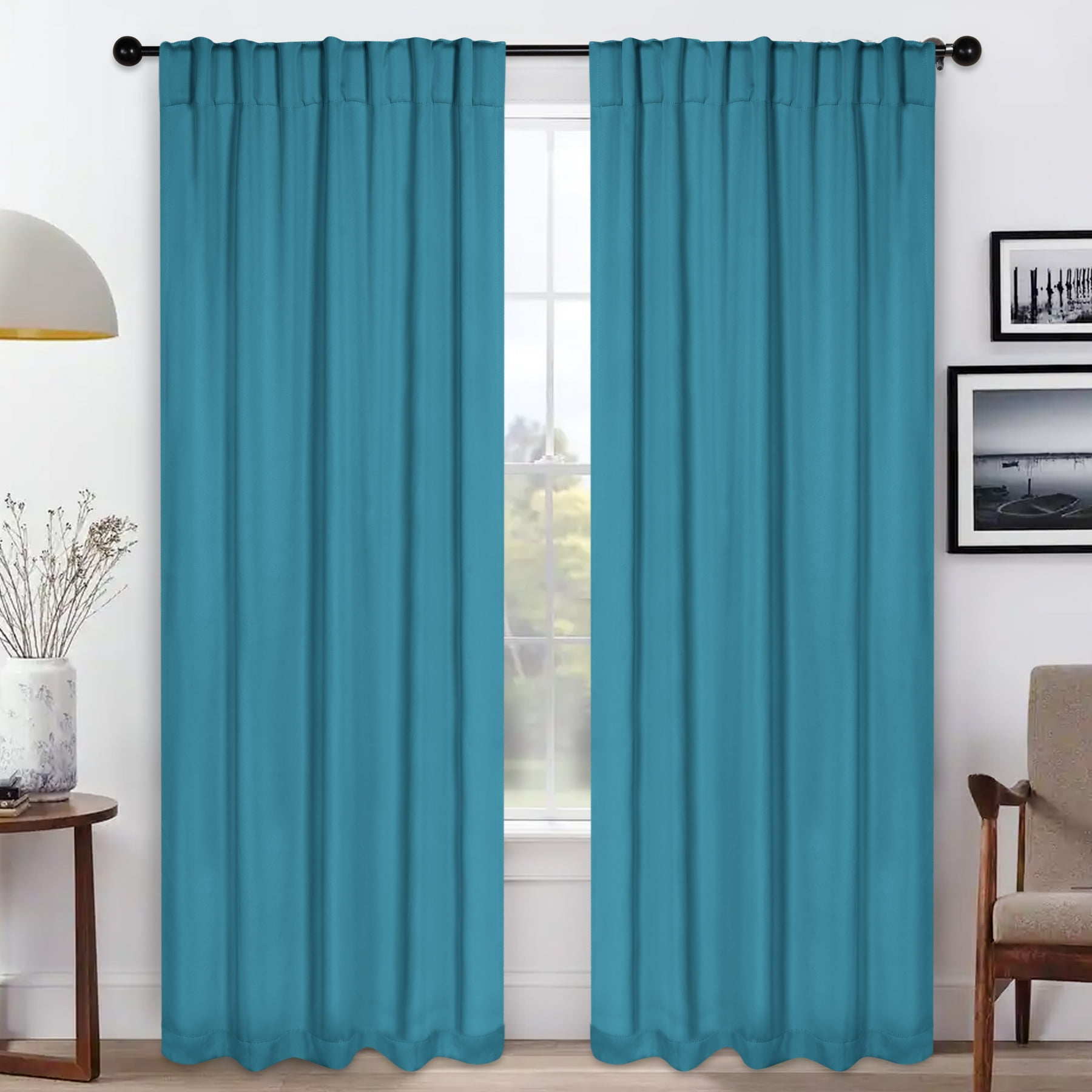 BNM Solid Blackout Back Tab Curtains, Set of 2, 52" x 84", Aqua