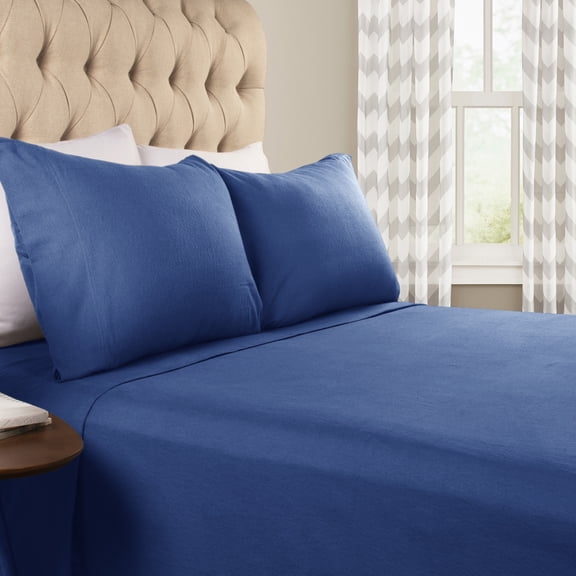 BNM Solid Flannel Cotton Sheet Set, Full, Navy Blue