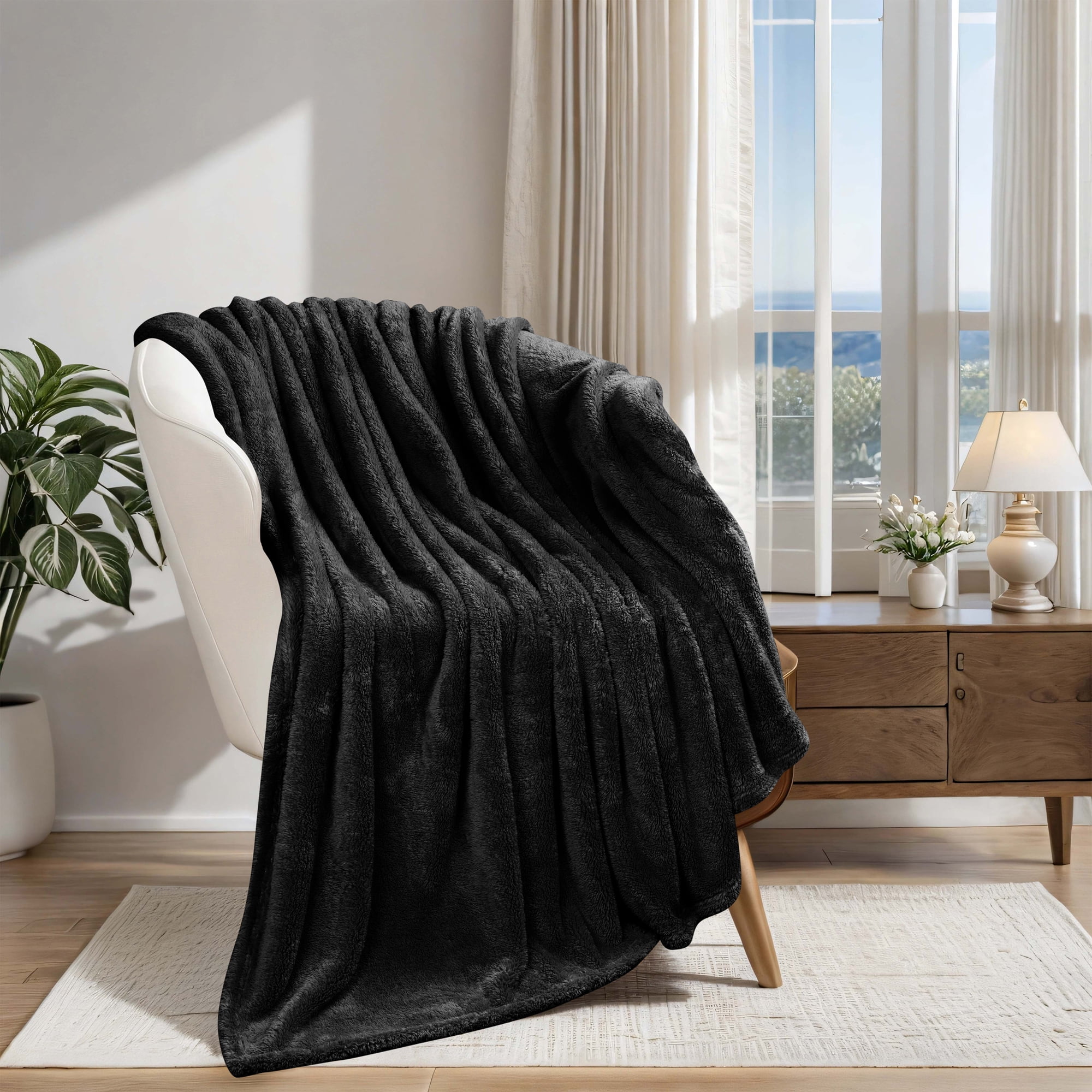BNM Solid Fleece Soft Plush Blanket, Throw, Black