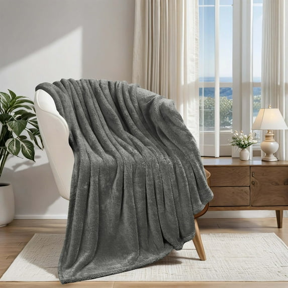 BNM Solid Fleece Soft Plush Blanket, Throw, Charcoal