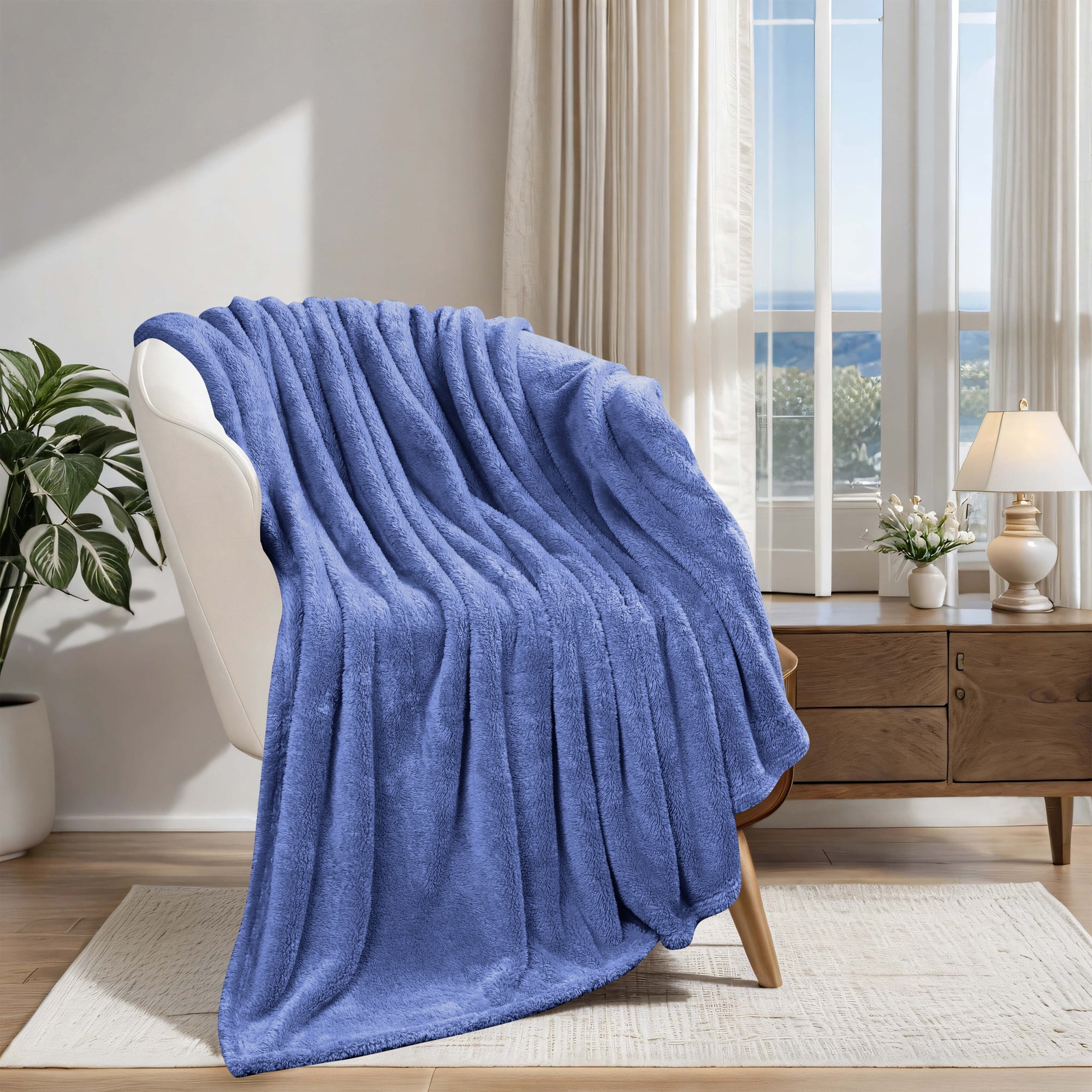BNM Solid Fleece Soft Plush Blanket, Throw XL, Blue