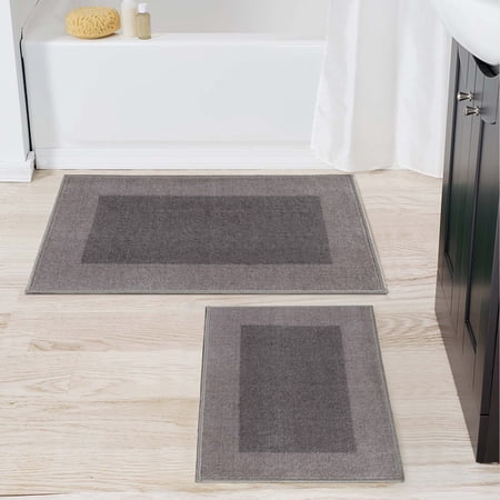BNM Solid Plush Washable 2 Piece Bath Rug Set, Grey