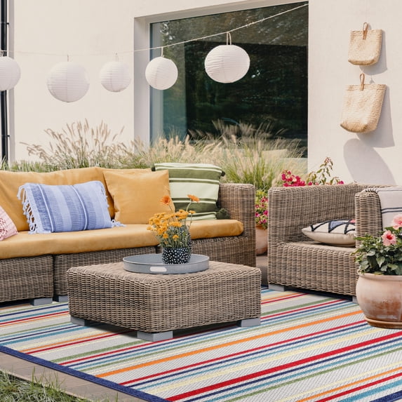 BNM Stripe Indoor Outdoor Area Rug, 6' x 8' 10", Cream