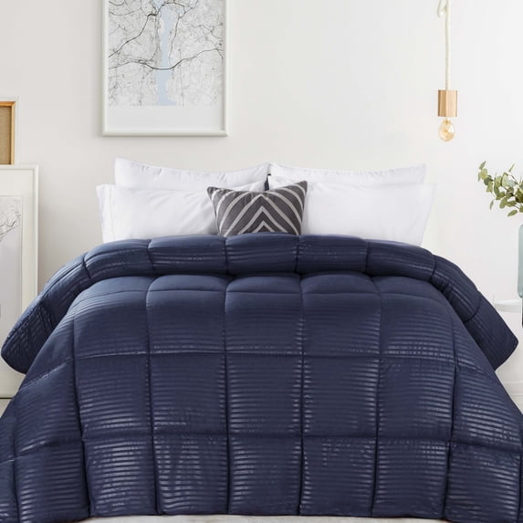 BNM Striped Comforter Down Alternative Bedding, King, Navy Blue