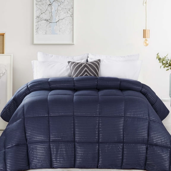 BNM Striped Comforter Down Alternative Bedding, King, Navy Blue