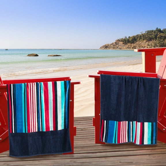 BNM Striped Cotton Beach Towel Set of 2, 34" x 64", Navy Blue/ Red
