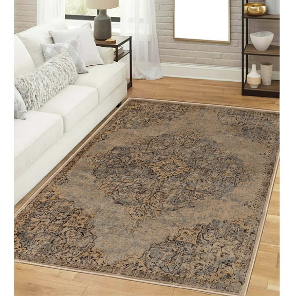 BNM Traditional Medallion Indoor Area Rug, 5' x 8', Ivory/ Grey
