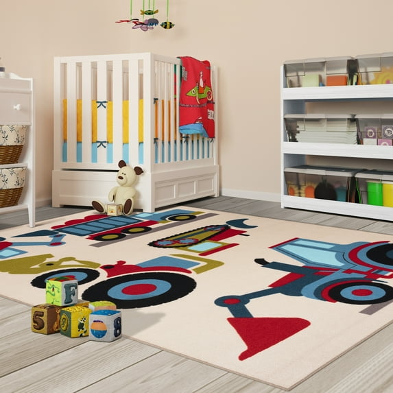 BNM Trucking Kids Washable Indoor Area Rug, 4' x 6', Ivory