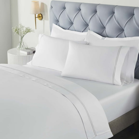 BNM Two-Line Embroidered Cotton Bed Sheet Set, Twin XL, White/Silver