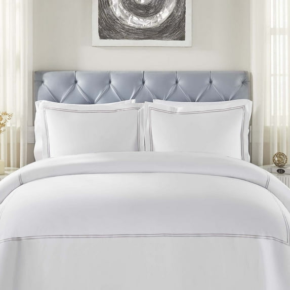 BNM Two-Line Embroidered Cotton Duvet Cover Set, Full/Queen, White/Silver