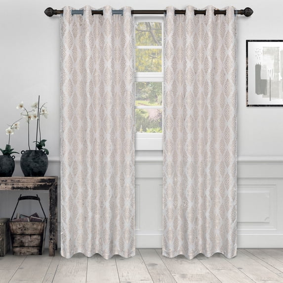 BNM Venetian Damask Jacquard Curtains, Set of 2, 42" x 63", Ivory