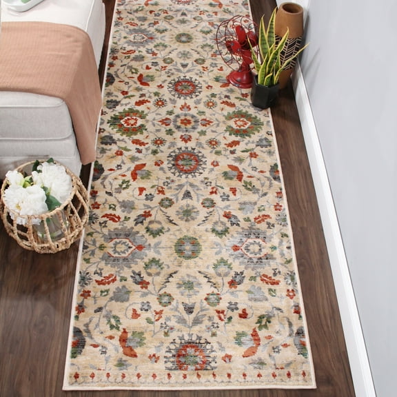 BNM Vintage Floral Indoor Runner Rug, 2' 7" x 8', Ivory