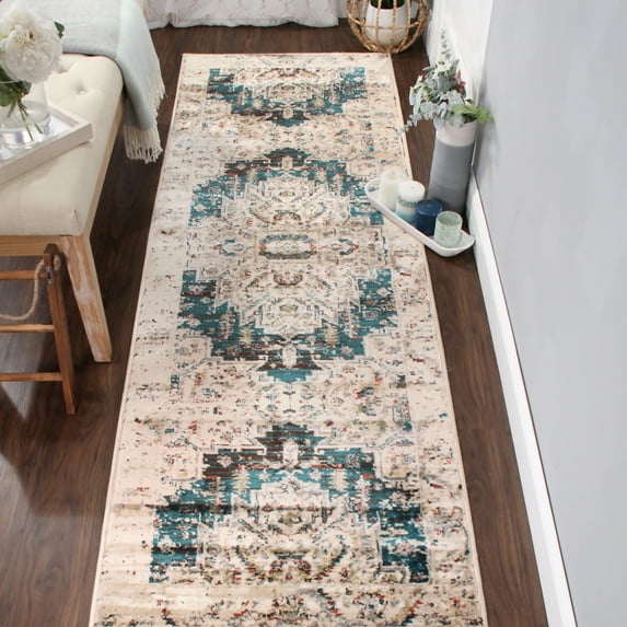 BNM Vintage Medallion Indoor Runner Rug, 2' 7" x 8', Teal