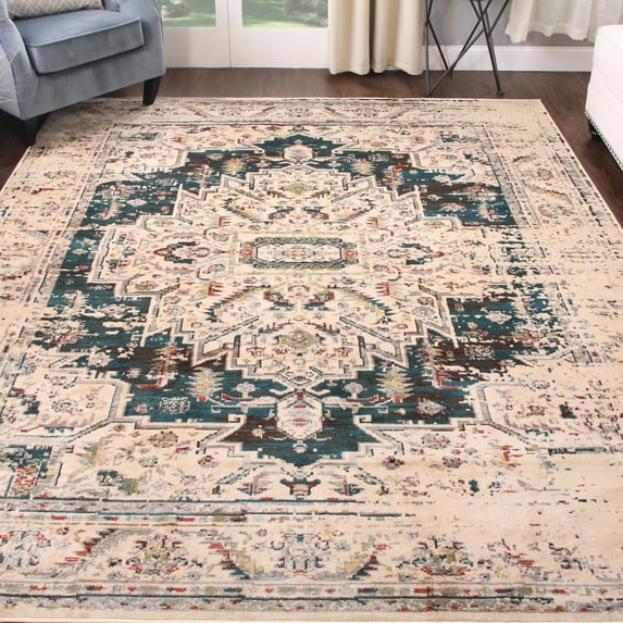 BNM Vintage Medallion Indoor Runner Rug, 8' x 10', Teal