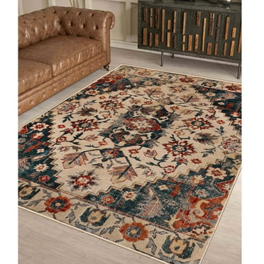 BNM Vintage Southwestern Indoor Area Rug, 8' x 10', Ivory/ Teal