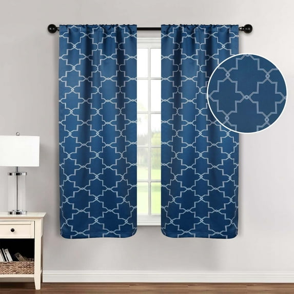 BNM Vintage Trellis Blackout Curtains, Set of 2, 26" x 63", Navy Blue
