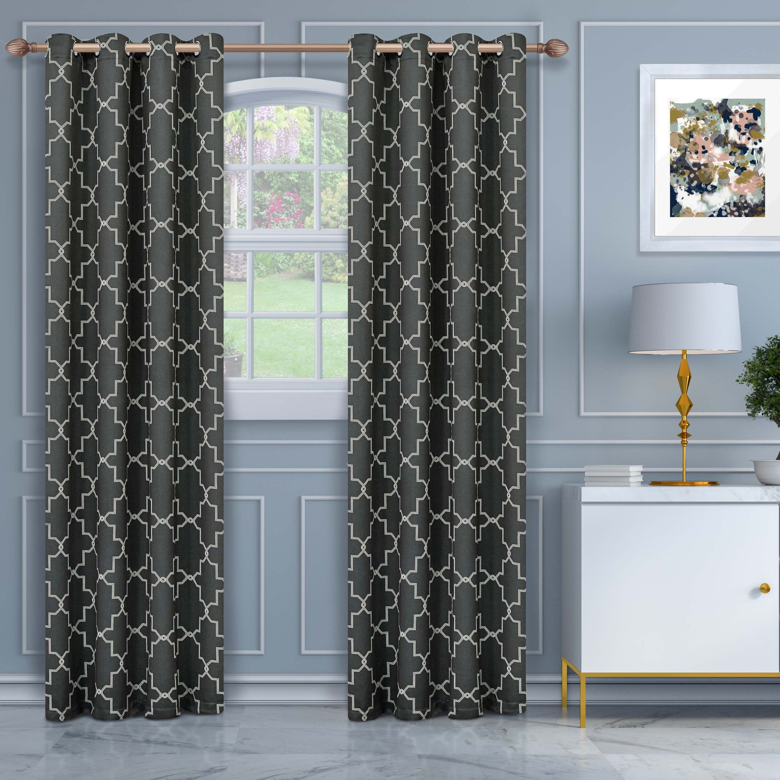 BNM Vintage Trellis Blackout Curtains, Set of 2, 52" x 108", Charcoal