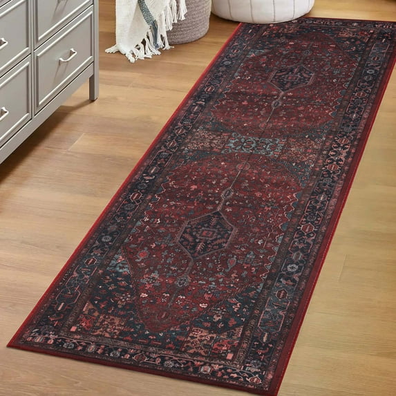 BNM Vintage Washable Indoor Area Rug, 2'7" x 8', Red