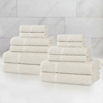 BNM Viscose Cotton Blend Checkered Ribbed Border 12 Piece Towel Set, Beige