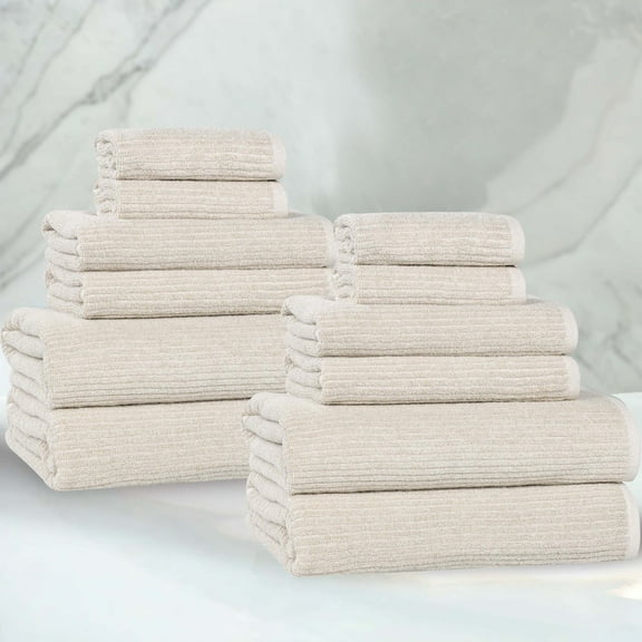 BNM Viscose Cotton Blend Textured Ribbed 12 Piece Towel Set, Beige