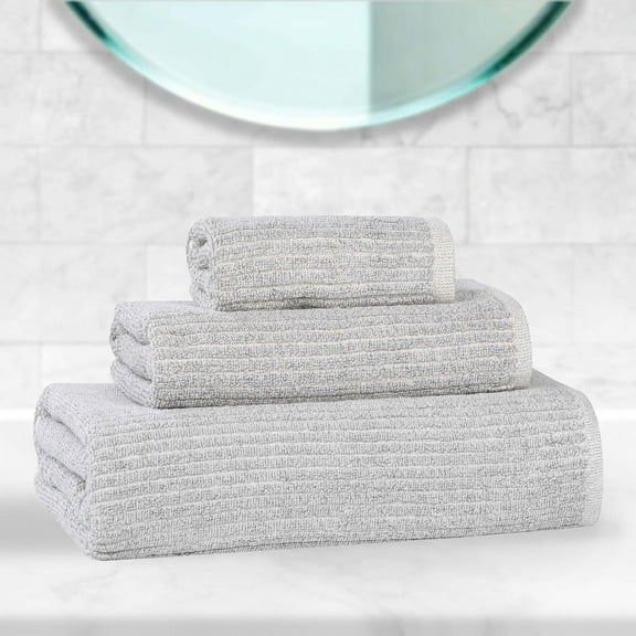 BNM Viscose Cotton Blend Textured Ribbed 3 Piece Towel Set, Platinum