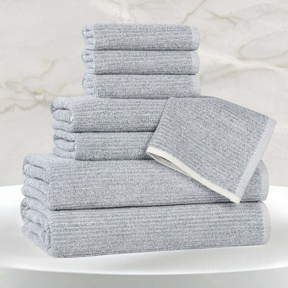 BNM Viscose Cotton Blend Textured Ribbed 8 Piece Towel Set, Denim Blue