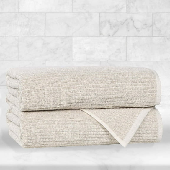 BNM Viscose Cotton Blend Textured Ribbed Bath Towels, Set of 2, Beige