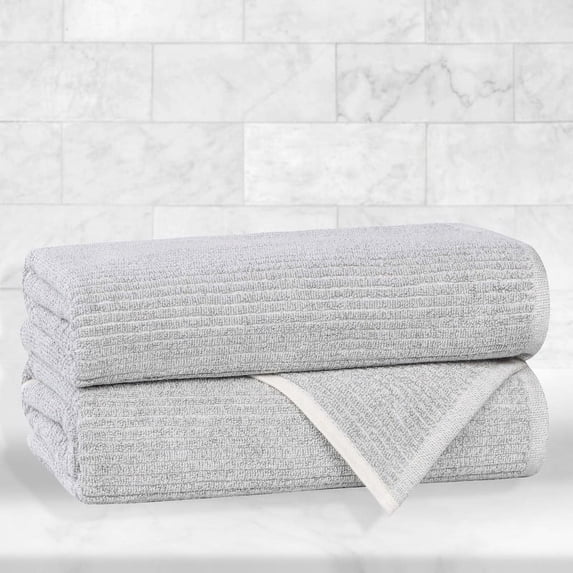 BNM Viscose Cotton Blend Textured Ribbed Bath Towels, Set of 2, Platinum