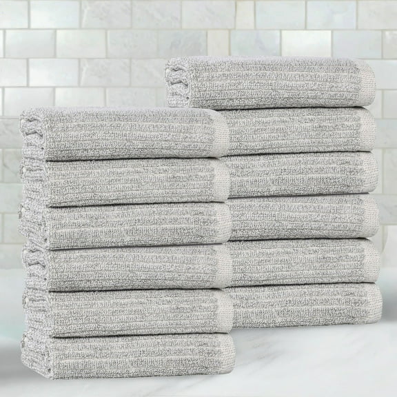 BNM Viscose Cotton Blend Textured Ribbed Face Towels Washcloths, Set of 12, Platinum
