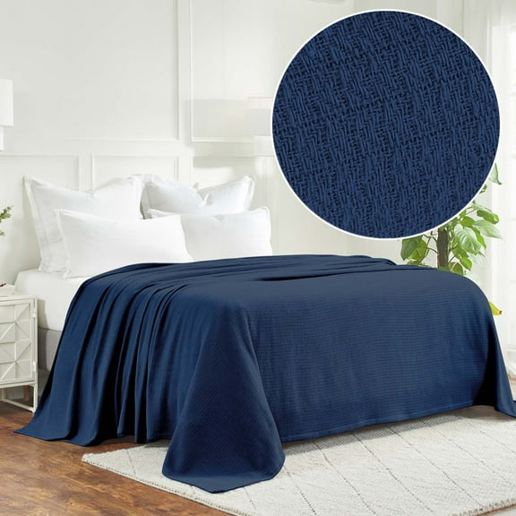 BNM Waffle Weave Honeycomb Knit Cotton Blanket, Full/ Queen, Navy Blue