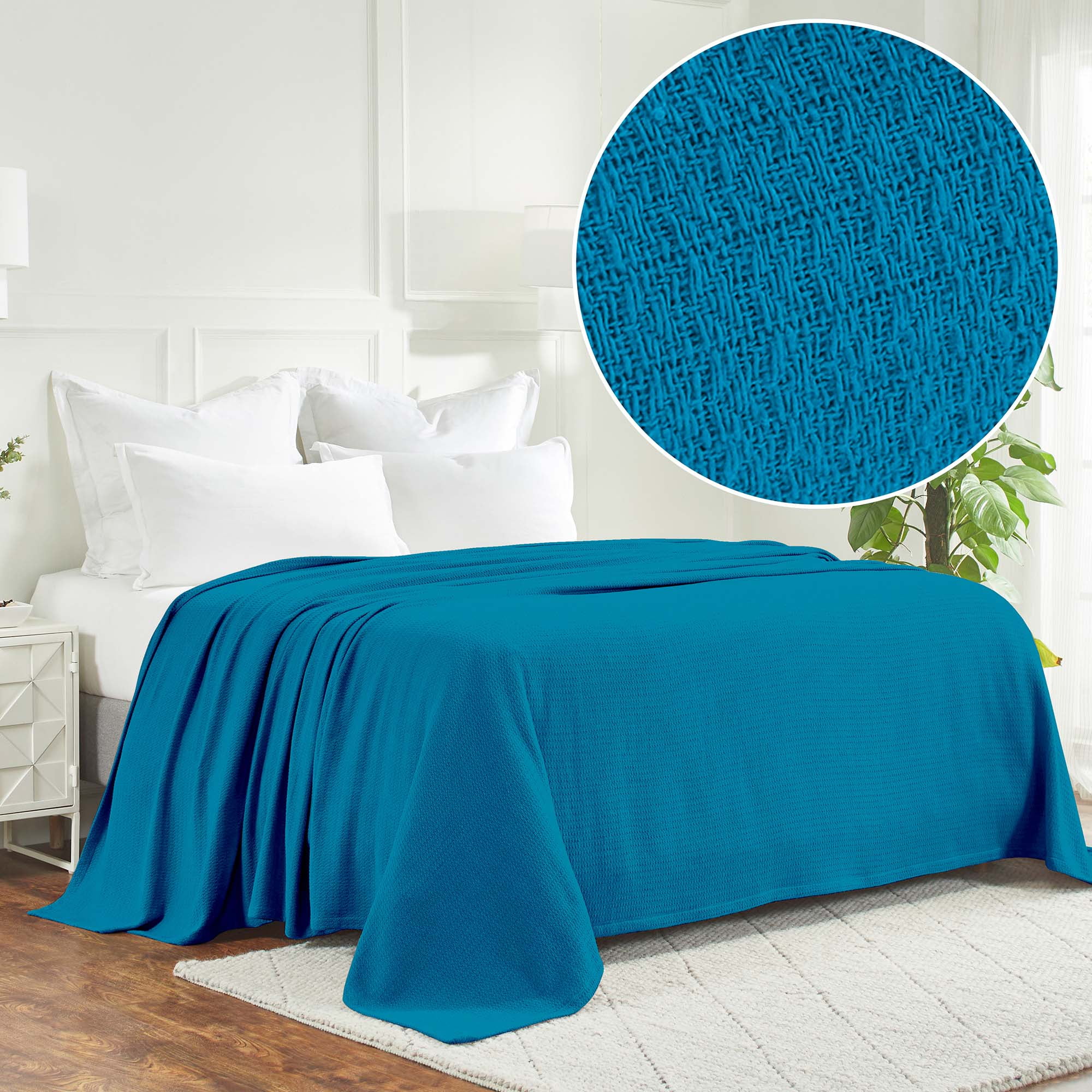 BNM Waffle Weave Honeycomb Knit Cotton Blanket, King, Azure