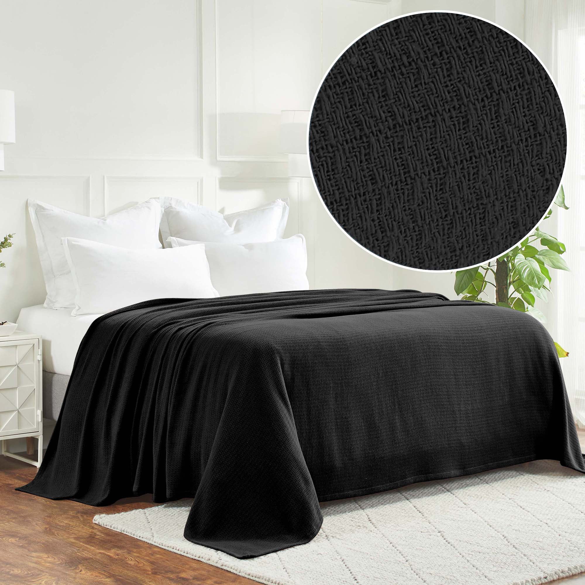 BNM Waffle Weave Honeycomb Knit Cotton Blanket, King, Black