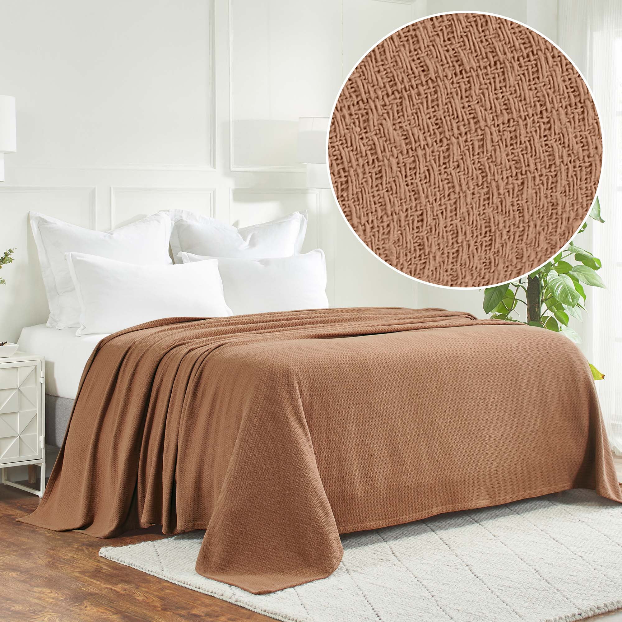 BNM Waffle Weave Honeycomb Knit Cotton Blanket, King, Camel