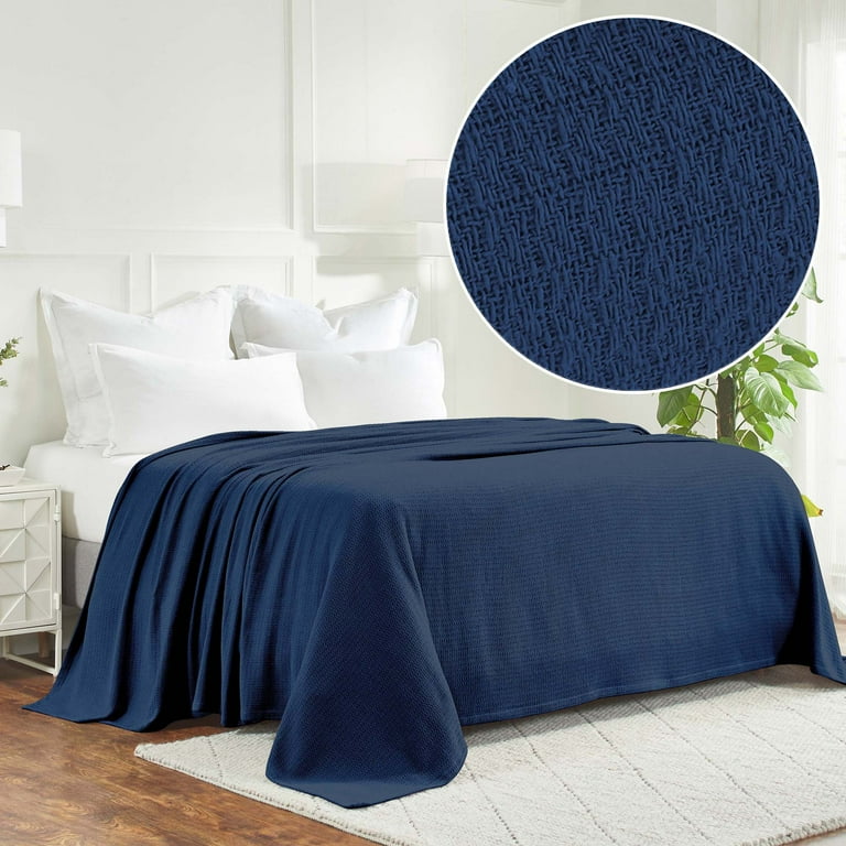 BNM Waffle Weave Honeycomb Knit Cotton Blanket, King, Navy Blue