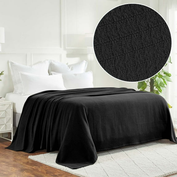 BNM Waffle Weave Honeycomb Knit Cotton Blanket, Throw Size, Black