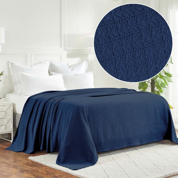 BNM Waffle Weave Honeycomb Knit Cotton Blanket, Throw Size, Navy Blue