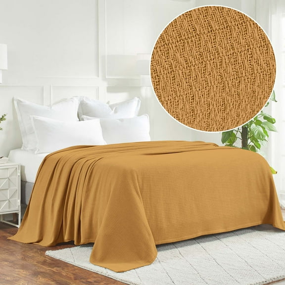 BNM Waffle Weave Honeycomb Knit Cotton Blanket, Throw Size, Sahara