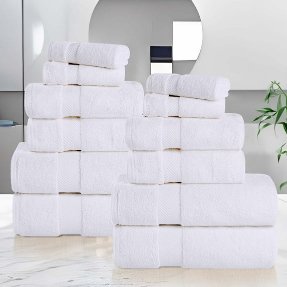 BNM Zero Twist Cotton 12 Piece Assorted Towel Set, White
